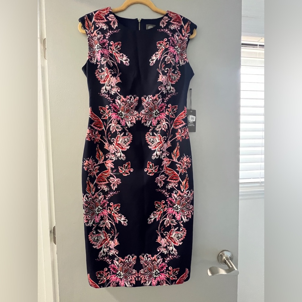 Vince Camuto Navy Blue Floral Sheath Dress, NWT, Size 6